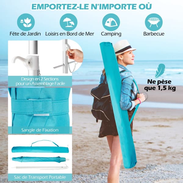 Strandparasoll 198 cm, trykknappvippe, sandankerpose