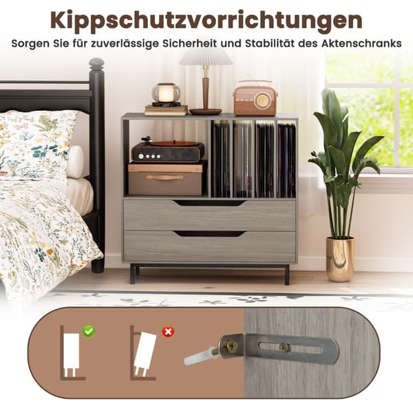 Pladespillerstativ med 4 vinylpladser og 2 skuffer, grå
