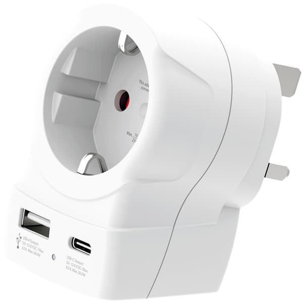 EU til UK-pluggadapter, USB-A/USB-C 20W PD jordet