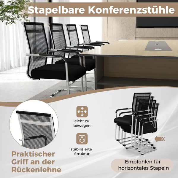 Stablebare kontorstoler, 4-pakning, pustende netting, svart