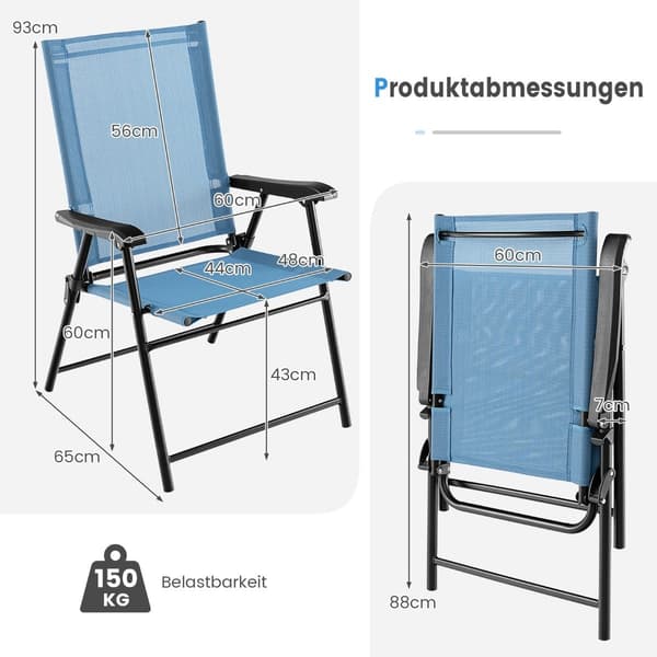 Hopfällbara utomhusstolar, set om 2, blå, 65x60x93 cm