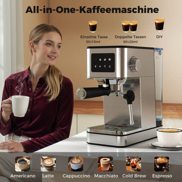 Espressomaschine med Milchaufschäumer, 20 Bar, Touchscreen, 1,7L