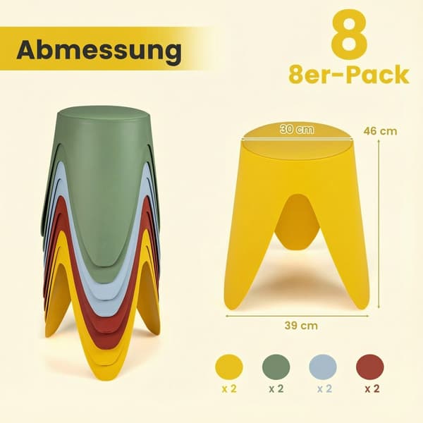 Stablebare plastkrakker, sett med 8 med puter, 46 cm høye