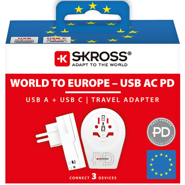 USB-A/USB-C 20W jordet adapter til Europa