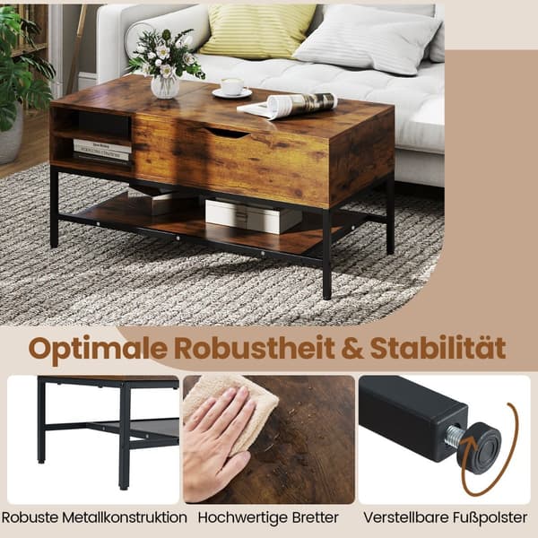 Lyftbart soffbord med dold förvaring, brunt trä