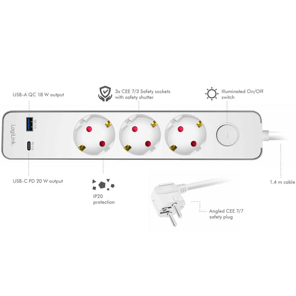 Grenuttag 3-vägs + USB-A/USB-C PD 20W, 1,4m, Vit