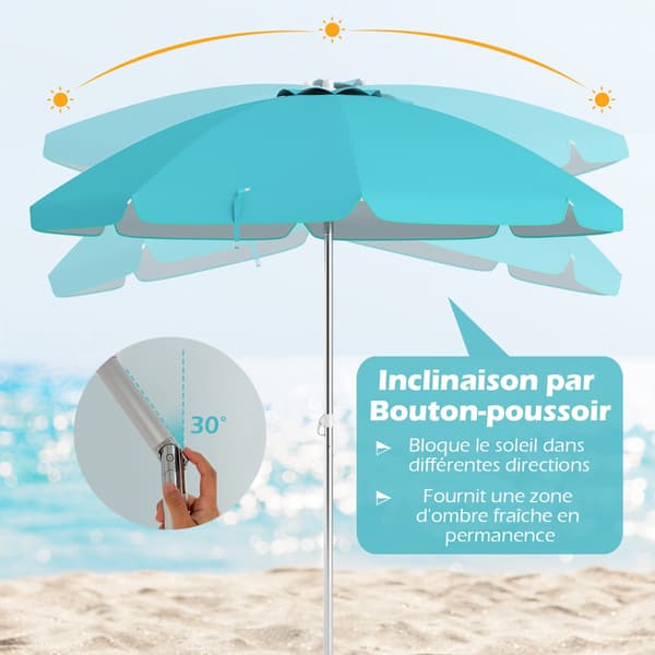 Strandparasoll 198 cm, trykknappvippe, sandankerpose