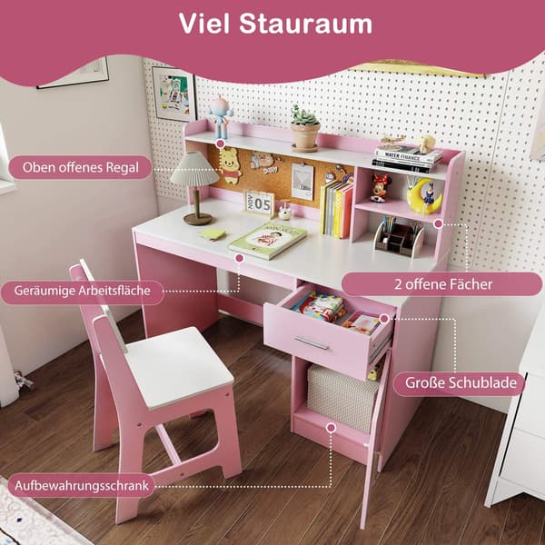 Barneskrivebord og stolsett med oppbevaring, rosa MDF