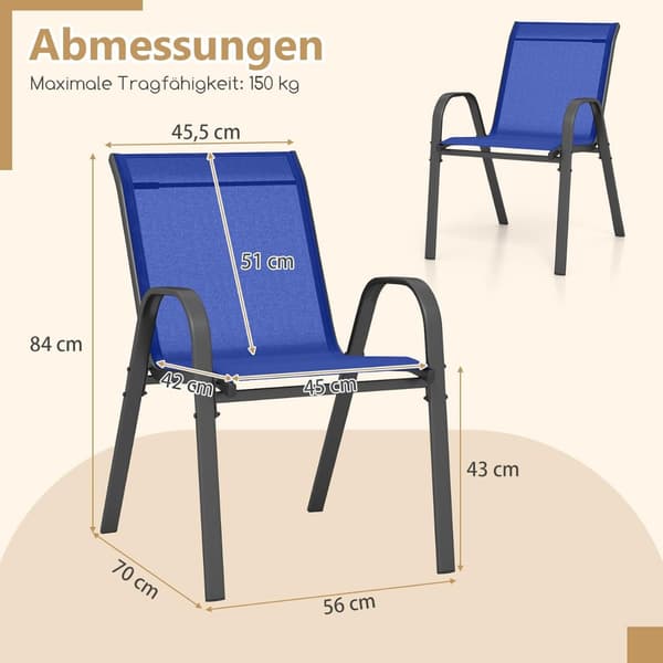 Stablebare utestoler, sett med 4, blå, tekstilene og metall