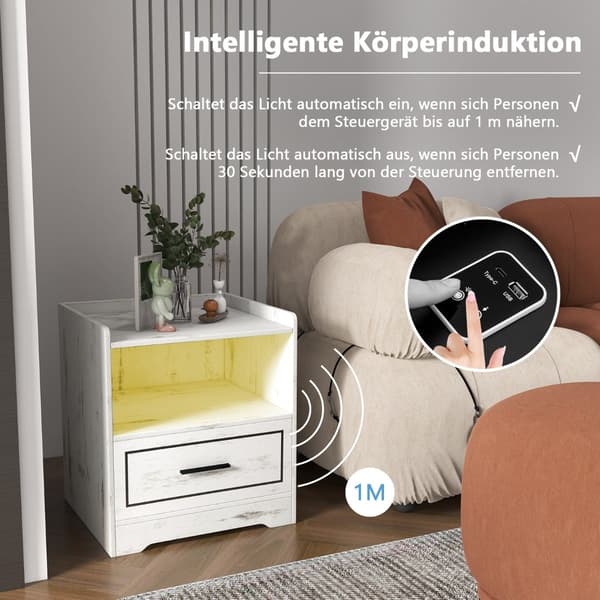 2-delt nattbordsett med LED-lys og USB-lader