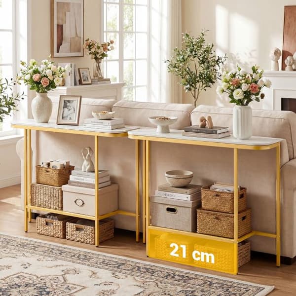 Sofakonsollbord, topp i imitert marmor, metallramme, 110 cm