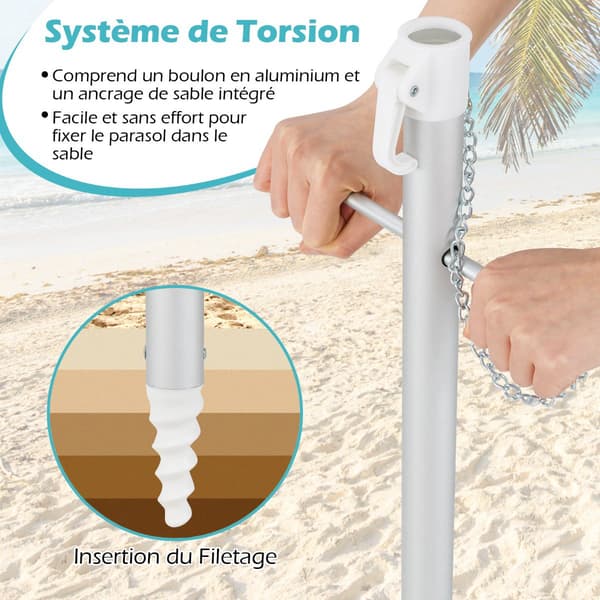 Strandparasoll 198 cm, trykknappvippe, sandankerpose