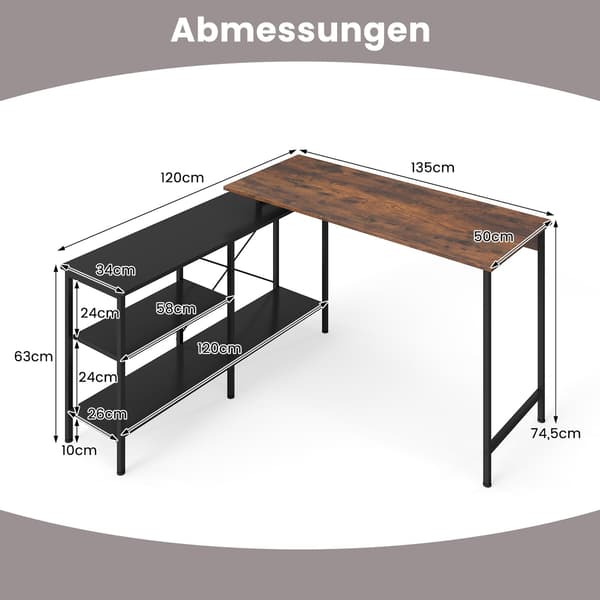 Vändbart L-format skrivbord med hyllor, rustik brun