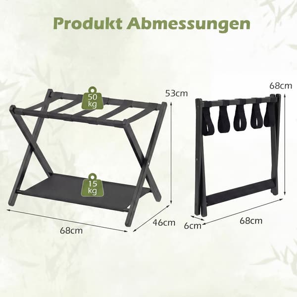Hopfällbart bagageställsset, bambu, dubbel förvaring, svart