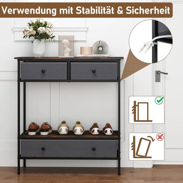 Konsollbord med skuffer, rustikk brun, metallramme