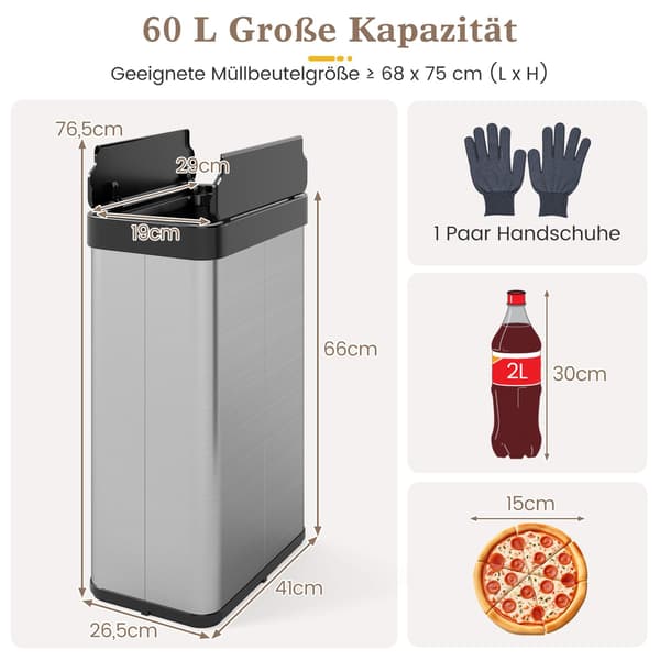 60L søppelbøtte i rustfritt stål med bevegelsessensor
