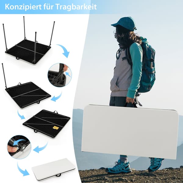 Bærbart sammenleggbart campingbord med håndtak, hvit, HDPE