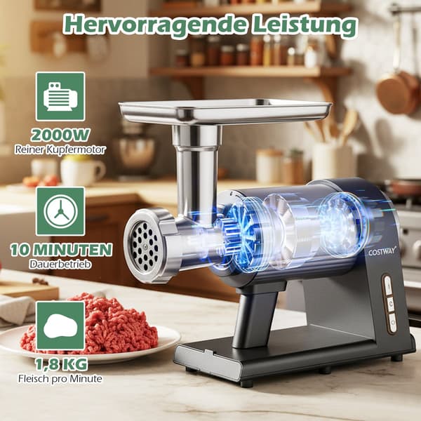 Elektrisk köttkvarn 2000W, 3 korvrör, kebabset