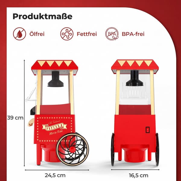 Kuumailmapopcorn-kone 1200 W, öljytön, retropunainen