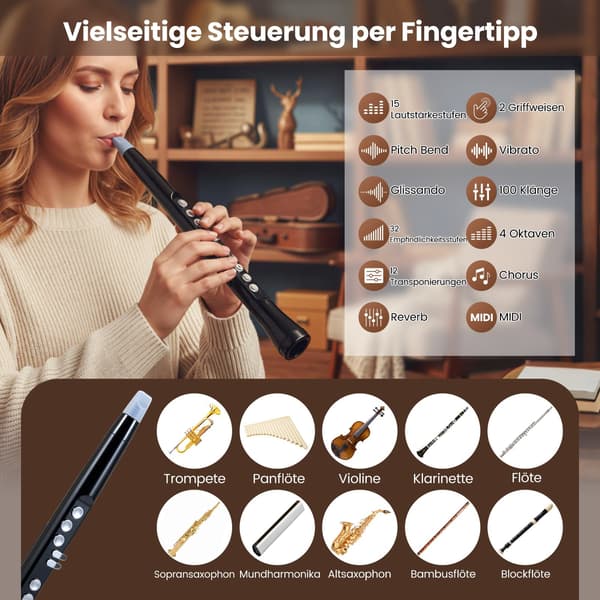 Digital saksofon med trådløs MIDI, 100 lyder, svart