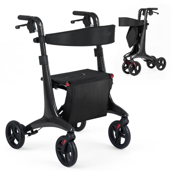 Sammenklappelig letvægtsrollator med sæde, kulfiber, sort