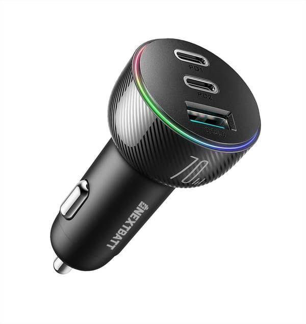 NEXTBATT LED Biloplader 70W PD, USB-A / 2x USB-C - Sort