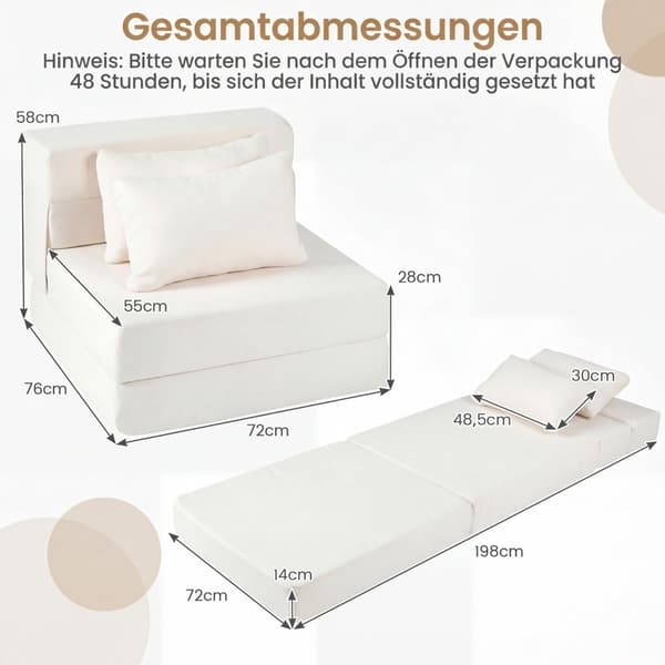 3-i-1 Chenille bäddsoffa med 2 kuddar, beige