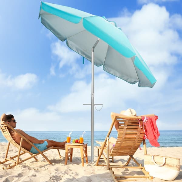 Strandparasoll 198 cm, trykknappvippe, sandankerpose