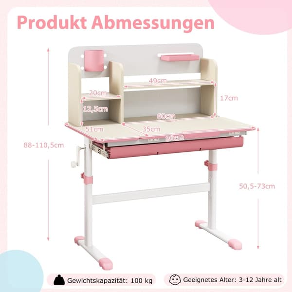 Justerbart barnebord med vippeplate, hyller og skuff