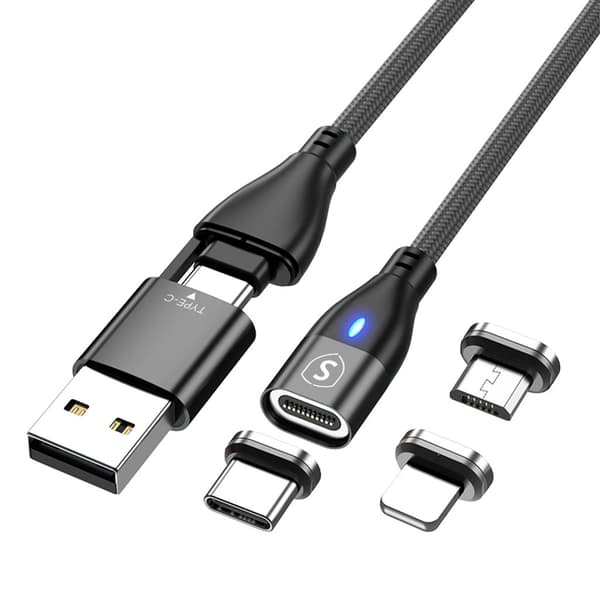Magnetisk kabel 3-i-1 USB-C, Lightning, Micro-USB 2.4A, 1 m - Sort