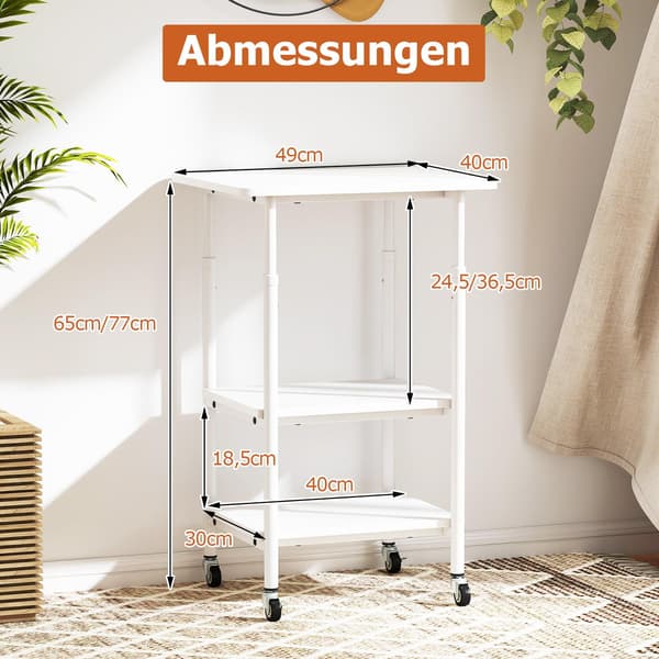 Justerbart 3-etasjes skriverstativ med hyller og hjul, hvit