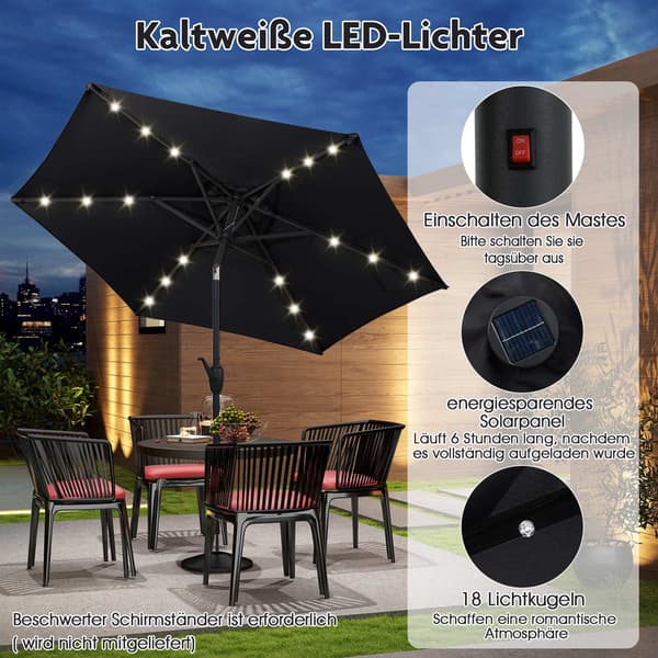 230 cm svart terrasseparasoll med LED-solcellelys