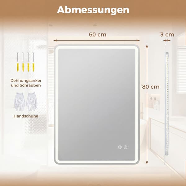 LED-badrumsspegel, imfri, dimbar, 80x60 cm