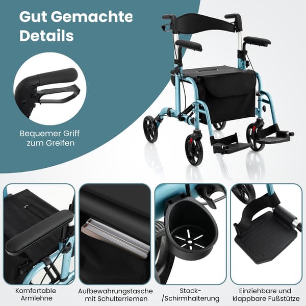 2-i-1 Rollator Gåstol & Transportstol, Blå, Sammenklappelig