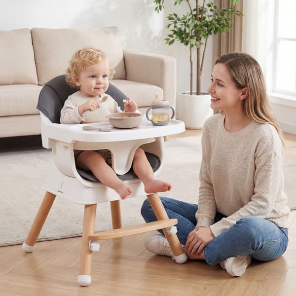 Barnstol, justerbar bricka, 5-punktssele, grå