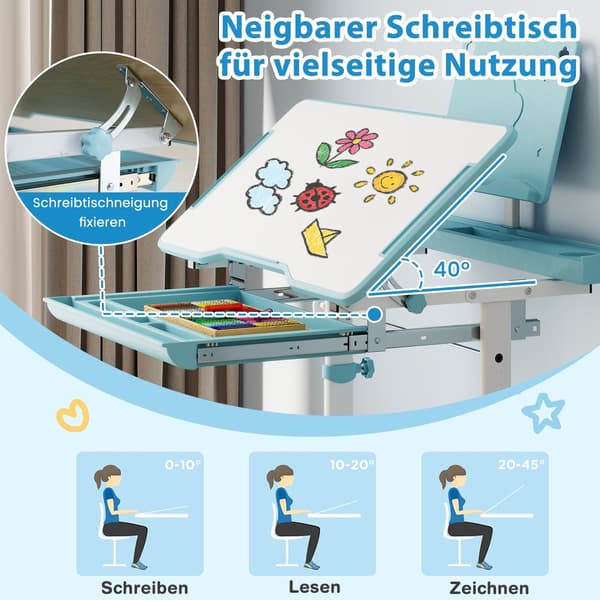 Justerbart børnebord og stolesæt med vippeplade, blå