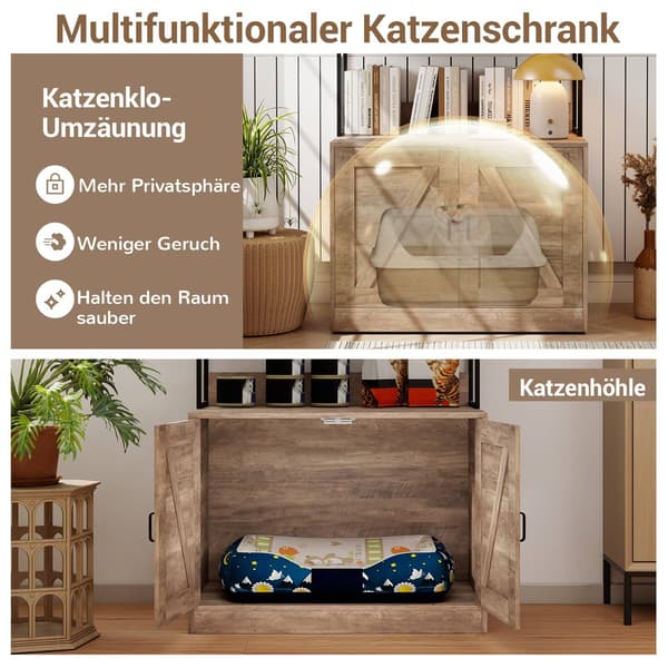 Kattsandskåp med bokhylla, grå, multifunktionell