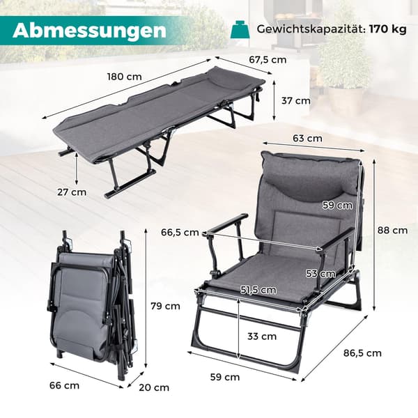 3-i-1 foldbar liggestol med justerbar ryglæn