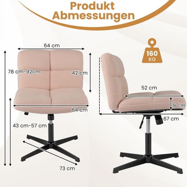 Kontorstol med krydsben, lyserød kunstpels, ergonomisk design