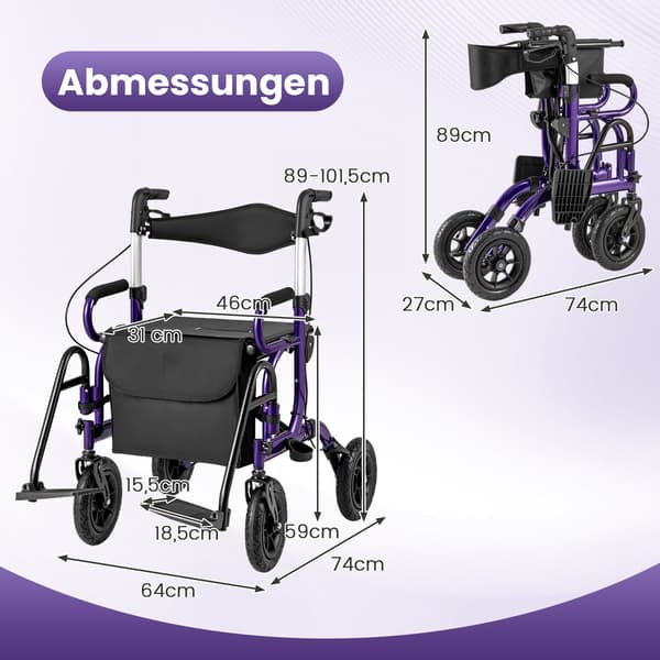 2-i-1 rollator og kørestol, foldbar, 23 cm lufthjul