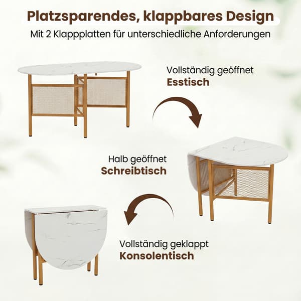 Sammenleggbart spisebord for 6-8, plassbesparende, hvit/gull