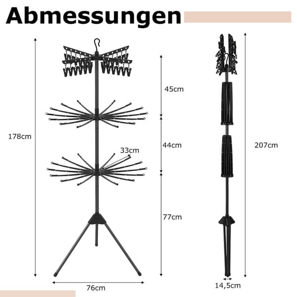 3-lags foldbart tørrestativ til tøj, 178 cm, sort