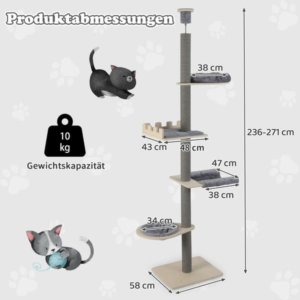 Takhögt klösträd, justerbart 236-271 cm, grått