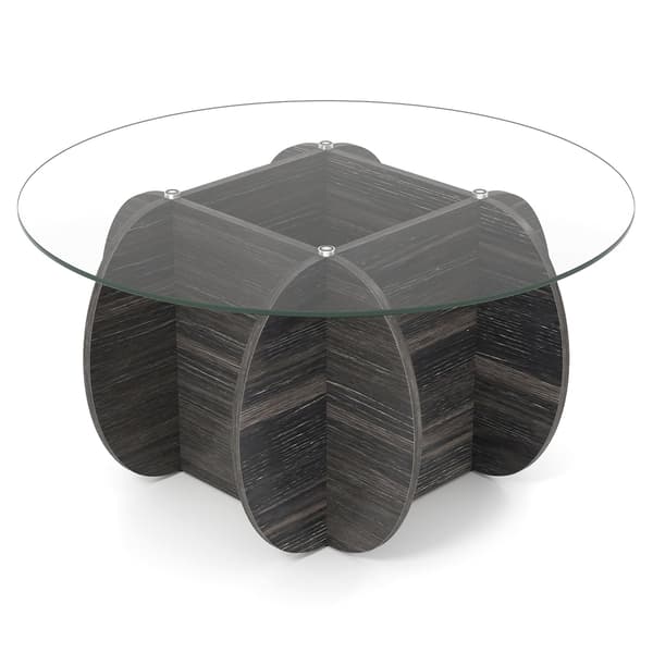Runt soffbord, härdat glas, dold förvaring
