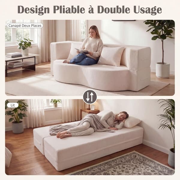 Hopfällbar bäddsoffa 192,5 cm, teddyfleece, 2 kuddar