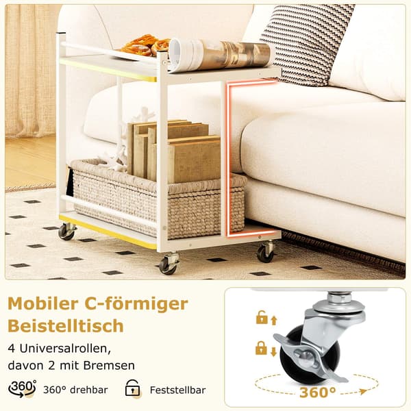 Rullende sidebord med 2 hyller, C-formet, hvit