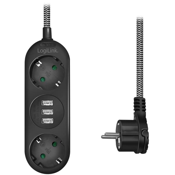 Strømuttak Jordet 2-veis 3xUSB Flat plugg