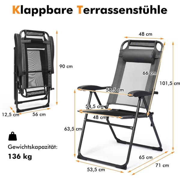 Hopfällbara uteplatsstolar, set om 2 – justerbart ryggstöd