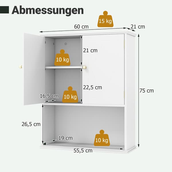 Väggmonterat badrumsskåp, 2 dörrar, justerbart hyllplan, vit
