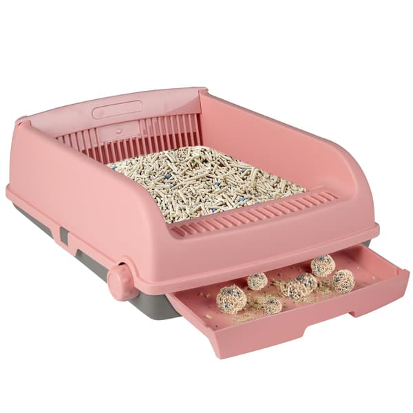 Halvautomatisk kattlåda, stänkskyddad, rosa